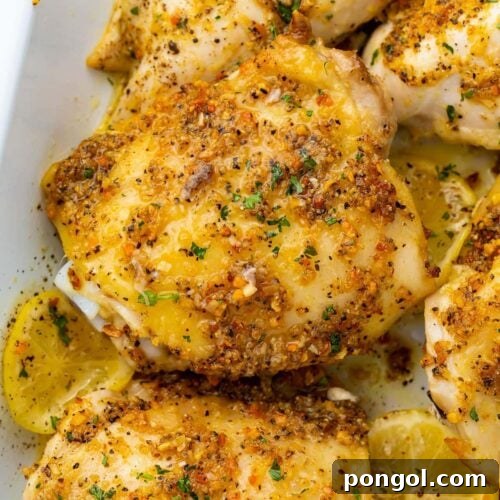 Zesty Lemon Pepper Chicken 4 Lemon pepper chicken thighs in a white baking dish