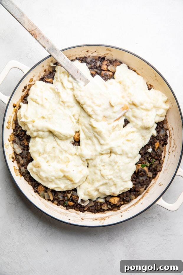 Assembled vegetarian shepherd's pie before baking
