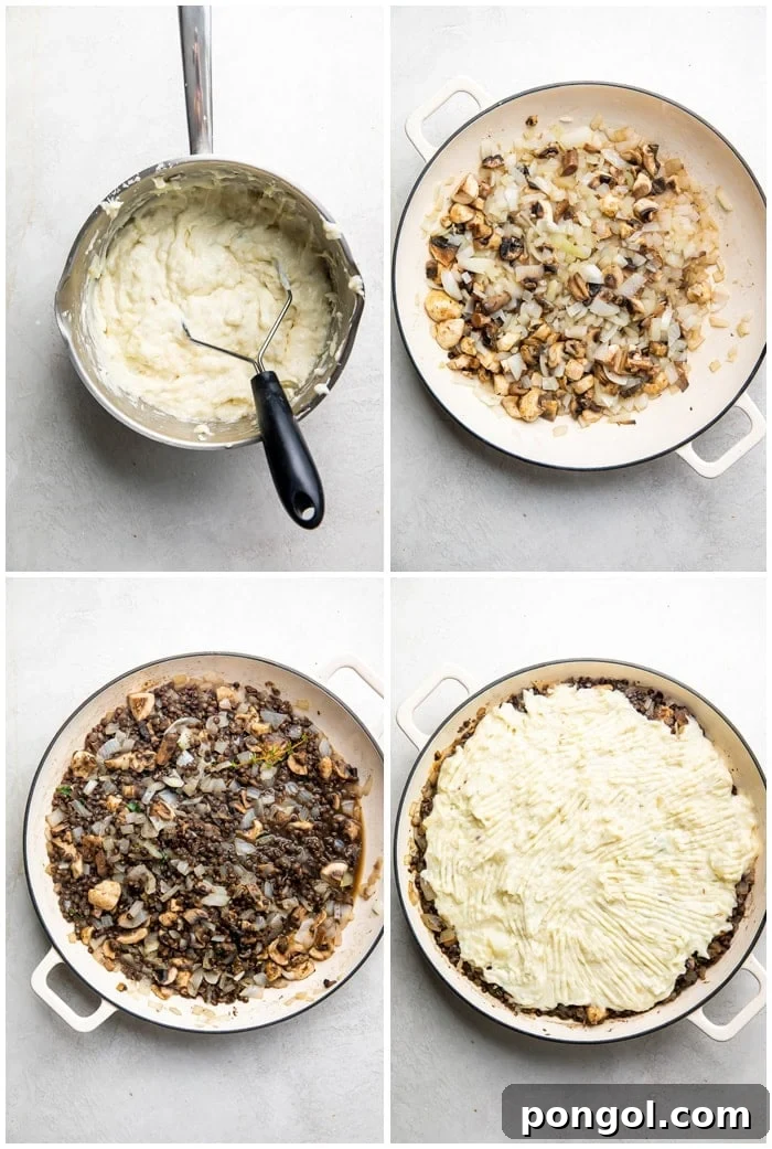 Step-by-step visual instructions for making vegetarian shepherd's pie