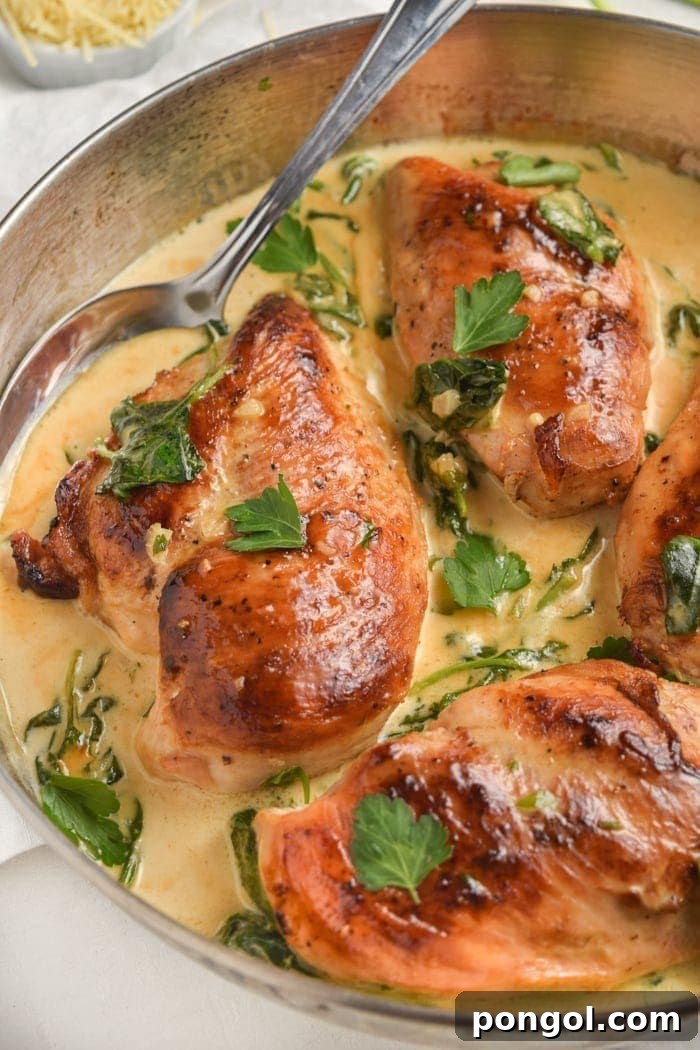 Close-up of creamy Chicken Florentine with spinach in a pan