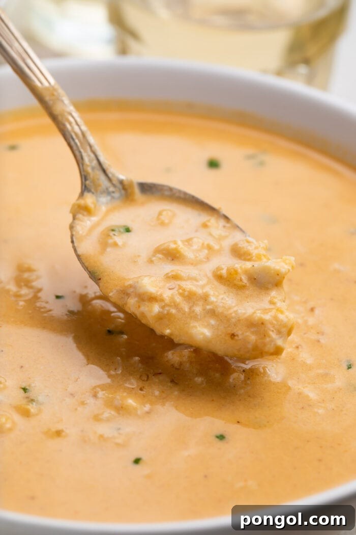 Close up of a spoonful of she crab soup over a bowl of she crab soup