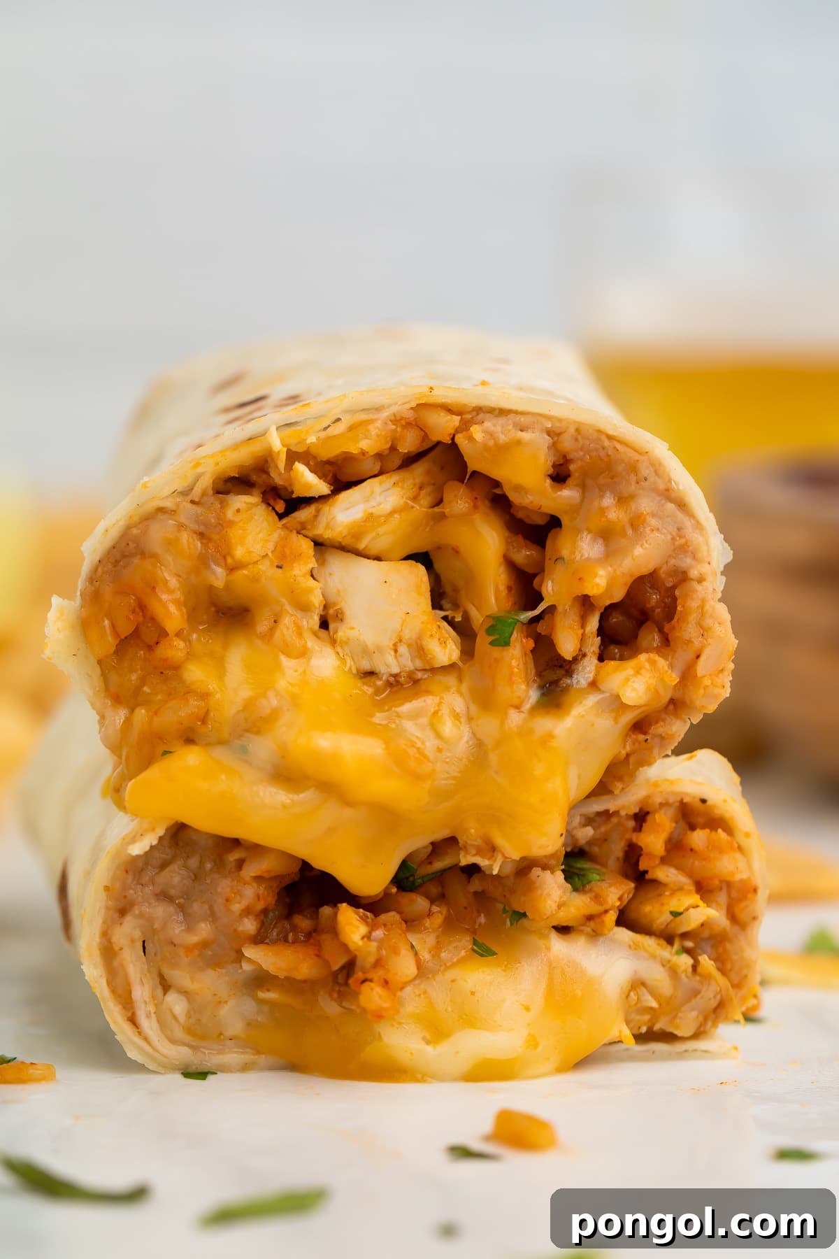 Mexican Chicken Extravaganza 20 Two halves of a chicken burrito stacked on top of each other, showing a filling of chicken, rice, beans, and gooey cheese.