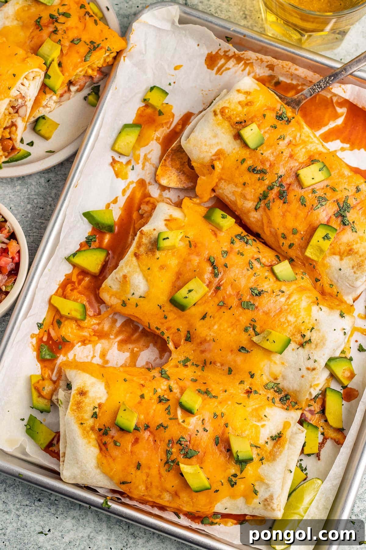 Mexican Chicken Extravaganza 25 Burrito Suizo with Shredded Chicken and Pinto Beans, topped with rich sauce and melted cheese.