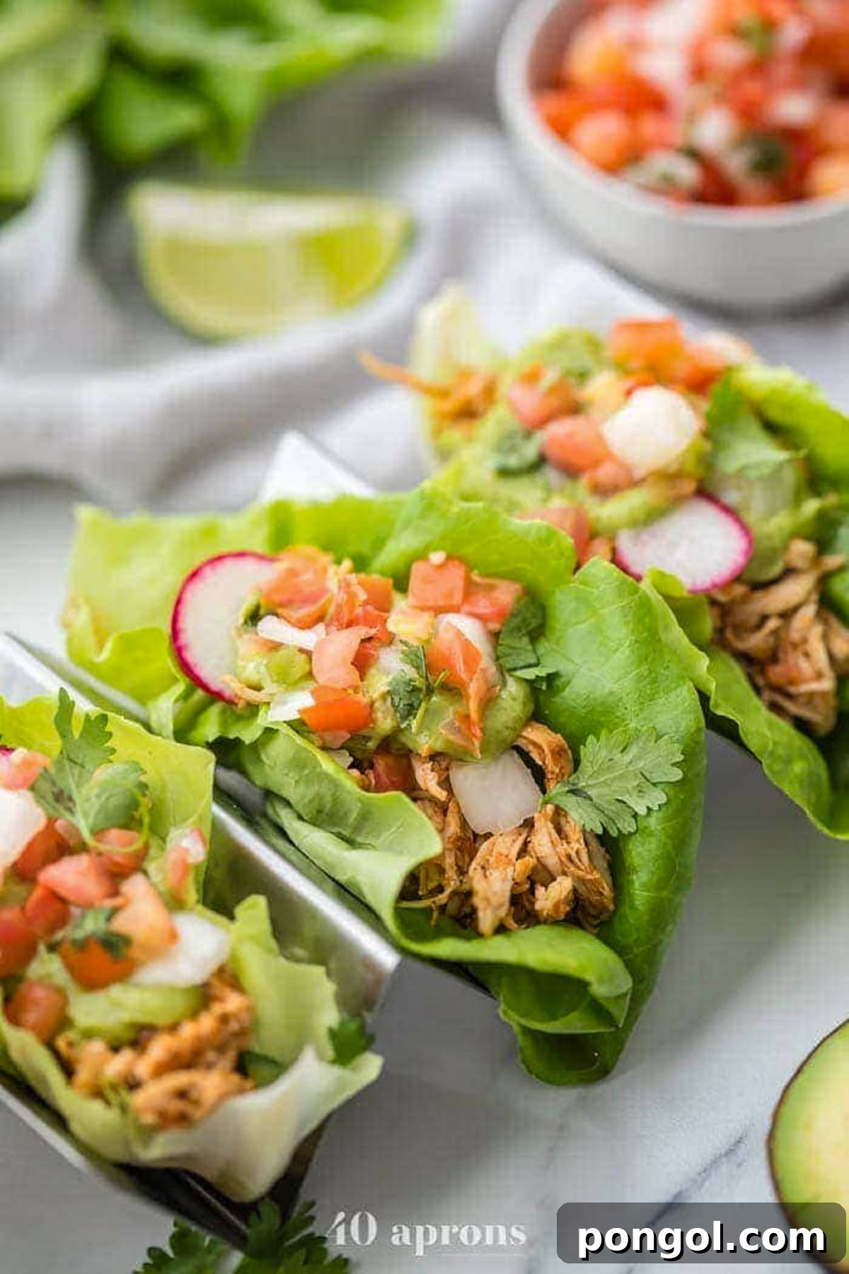 Mexican Chicken Extravaganza 29 3 chicken tacos in lettuce wraps topped with sliced radishes and pico de gallo in a taco holder.