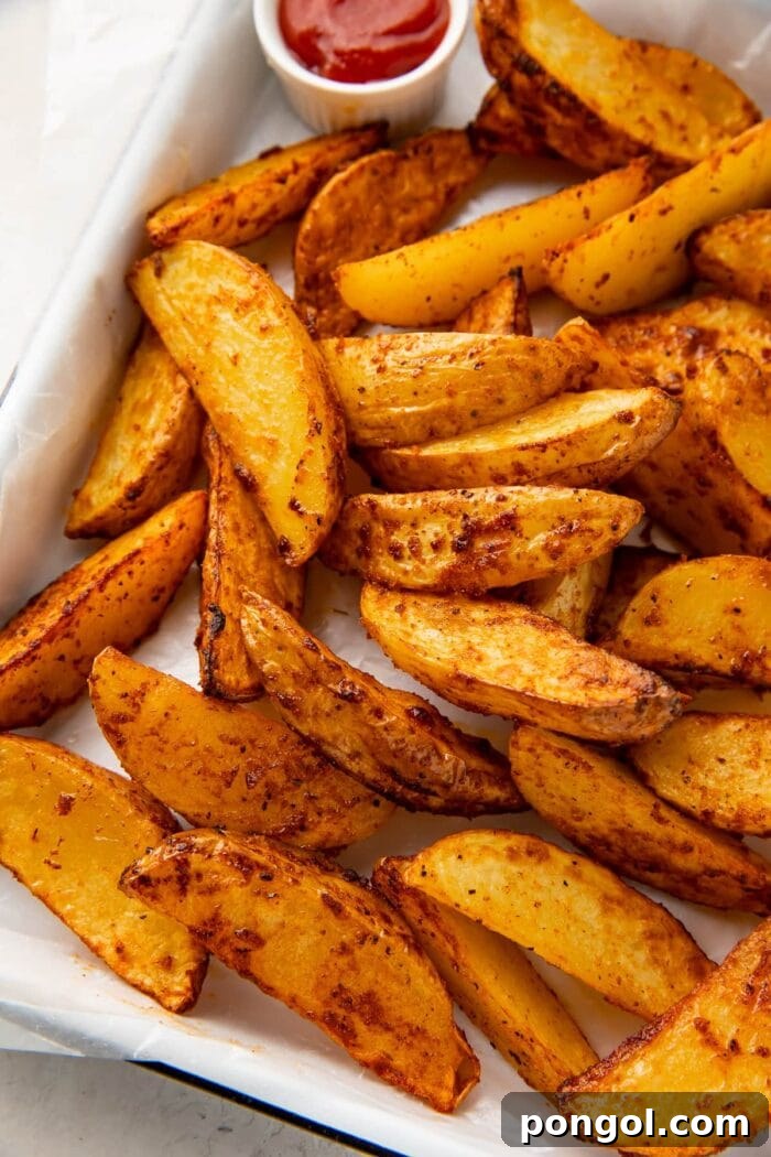 Air fryer potato wedges on a sheet pan next to a ramekin of ketchup
