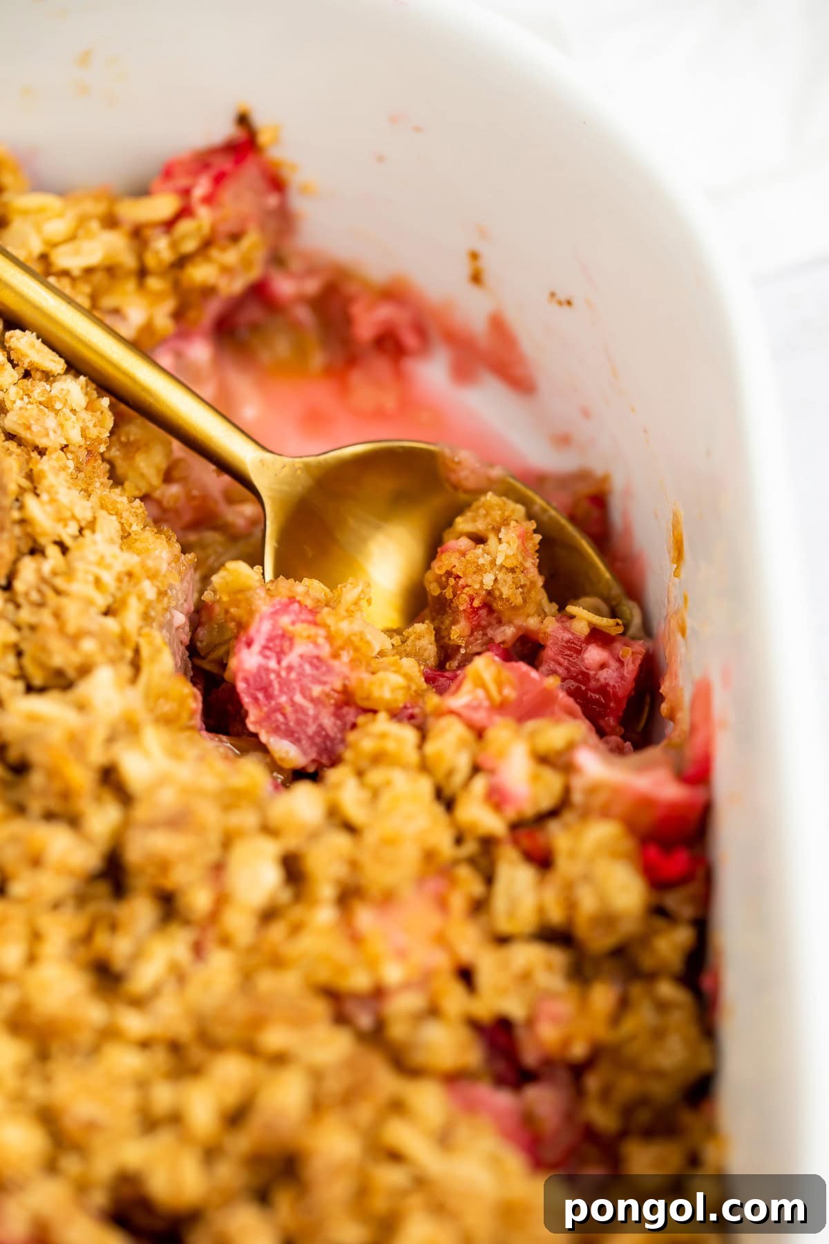 Tangy Rhubarb Delight 4 A gold spoon resting in a baking dish of rhubarb crumble.