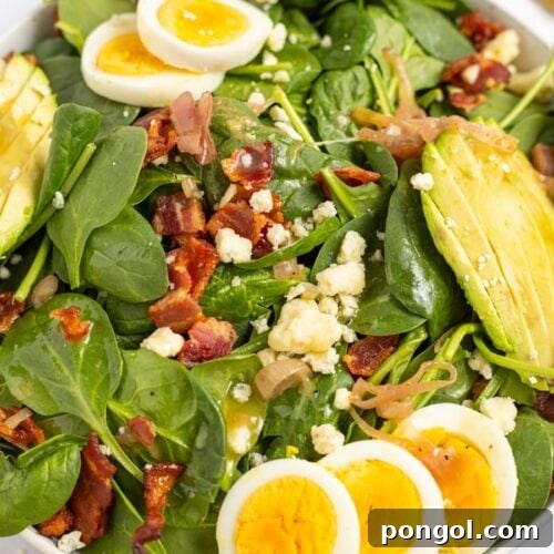 Spinach Salad with Hot Bacon Dressing in a bowl topped with hard boiled eggs, avocado, gorgonzola cheese, and crispy bacon.