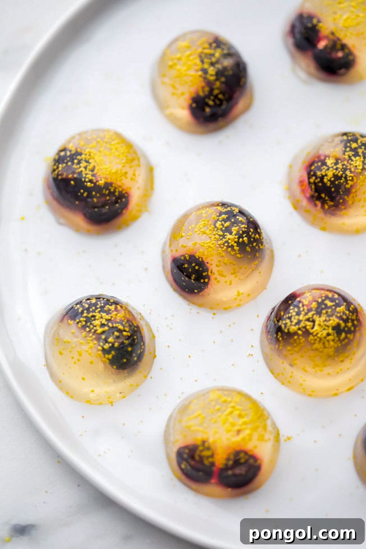 Bubbly Bites 3 Top-down view of several jello shots with champagne, blueberries, and gold sanding sugar on a plate.