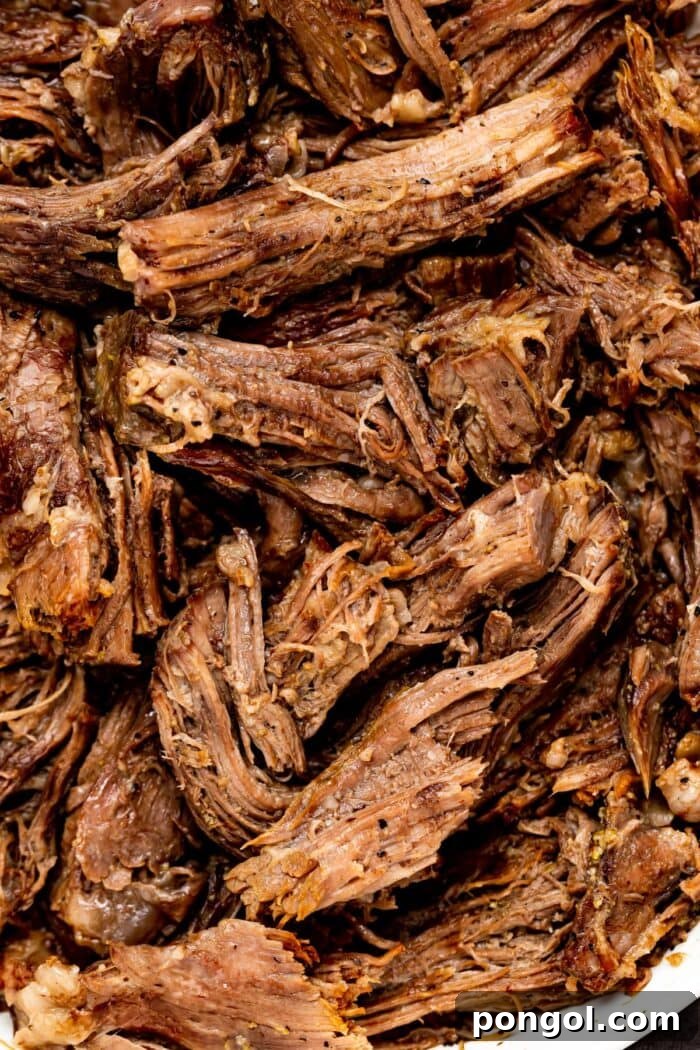 Pulled Beef Perfection 2 Close up image of shredded beef in a bowl.