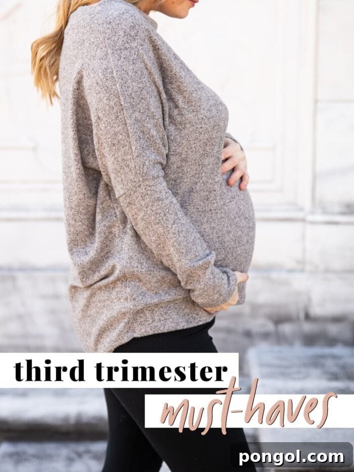 Graphic for third trimester must haves, featuring a pregnant woman in a cozy cowl-neck sweater