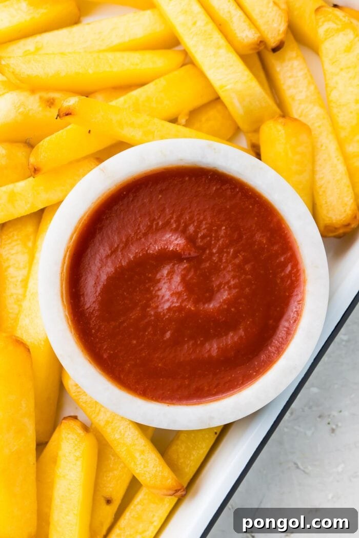Keto ketchup surrounded by fries, highlighting its perfect texture and color.