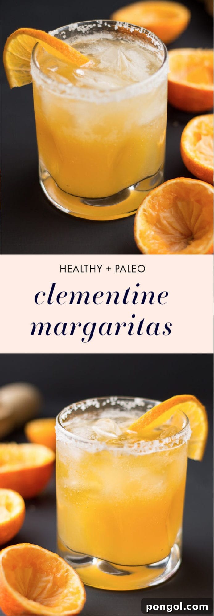 A vibrant Clementine Margarita cocktail, with fresh clementine slices and a lime wedge, ready to be served on a table.