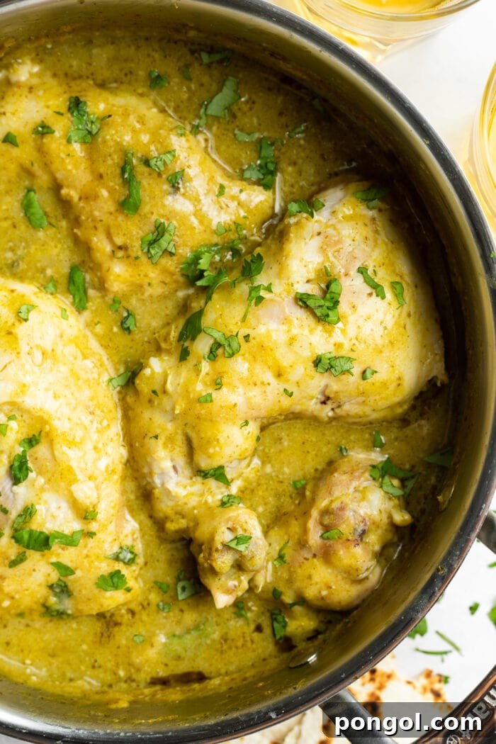 Zacatecas Verde Chicken Mole 3 green mole chicken in a skillet with fresh cilantro on top