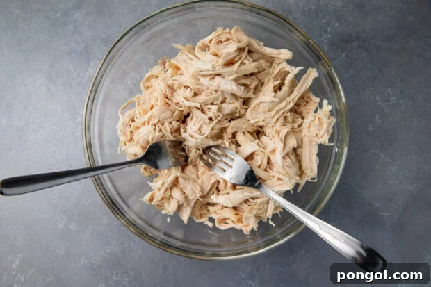 Shredded chicken in glass bowl with 2 forks