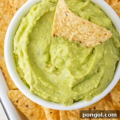 Guacamole dip with a tortilla chip stuck in it