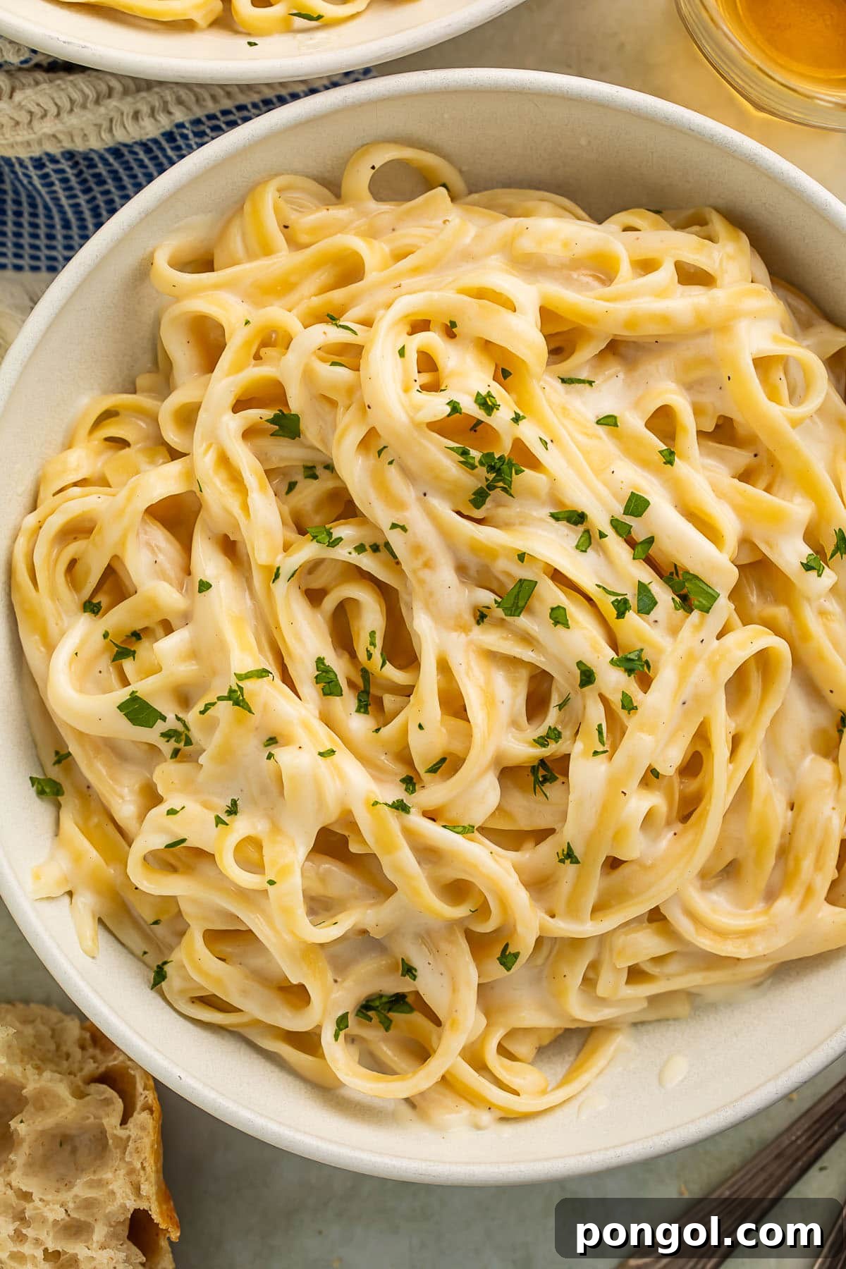 A close-up shot of creamy cottage cheese alfredo on fettuccine, adorned with vibrant chopped parsley, ready to be enjoyed.