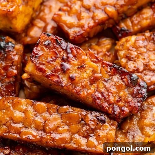 Close-up of crispy tempeh bacon strips