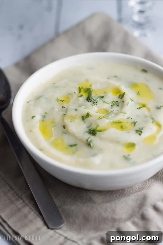 Close-up of Mashed Potato Soup with Tarragon in a bowl