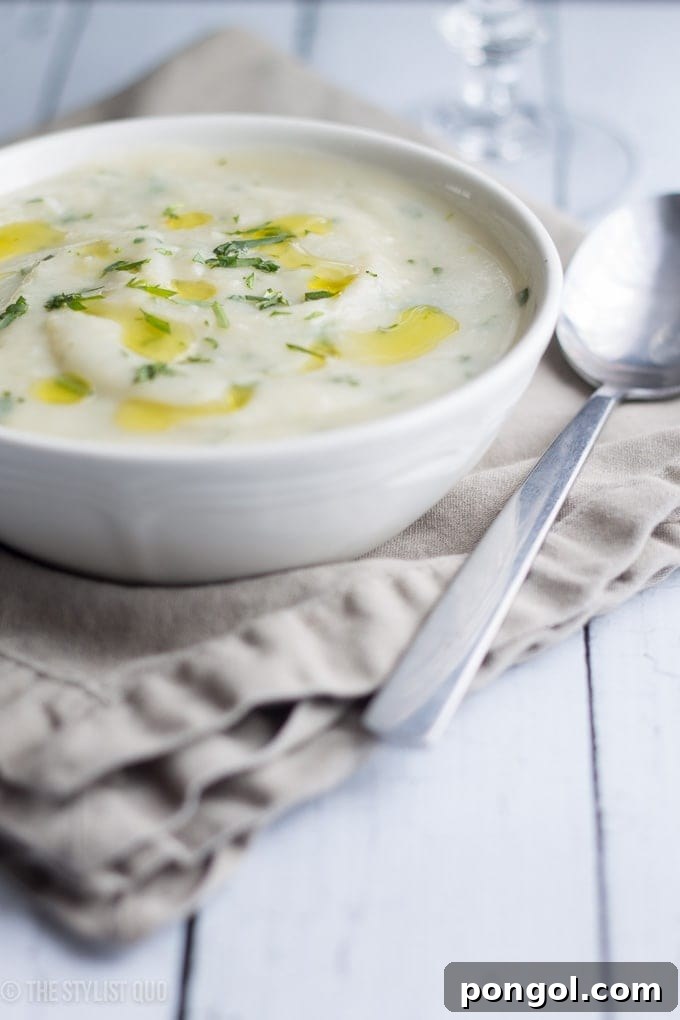 Close-up view of Mashed Potato Soup with tarragon leaves floating