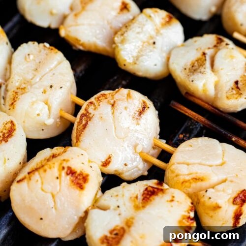Close-up image of skewered scallops cooking on the grill.