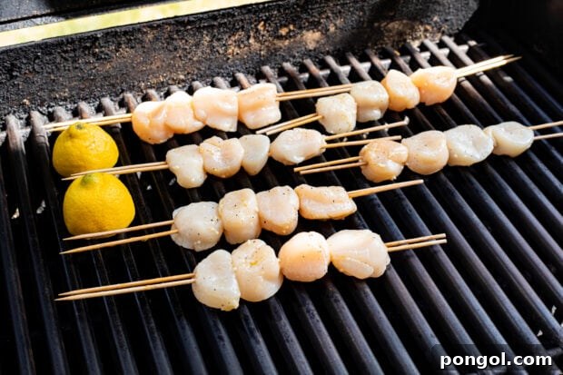 Grilled-Scallops-Process-Photo-03: Skewered scallops cooking on the grill.