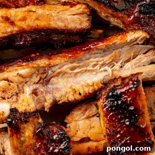 Close-up image of sliced sous vide ribs with barbecue sauce.