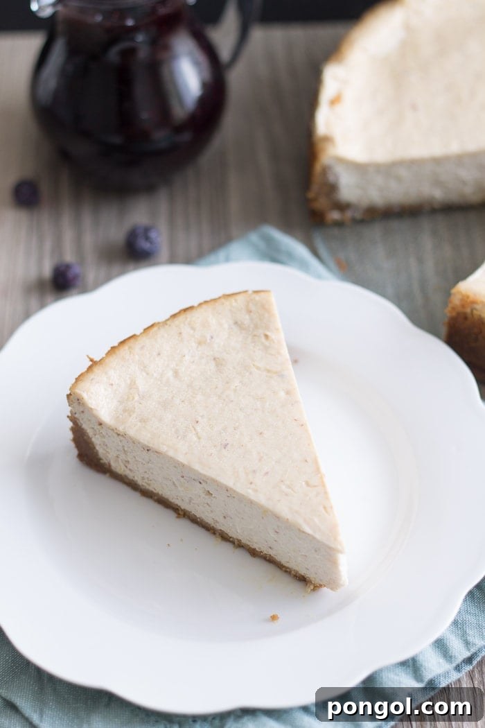 A beautifully composed shot of the Vegan Lemon Ricotta Cheesecake with Blueberry White Wine Sauce, highlighting its elegant presentation
