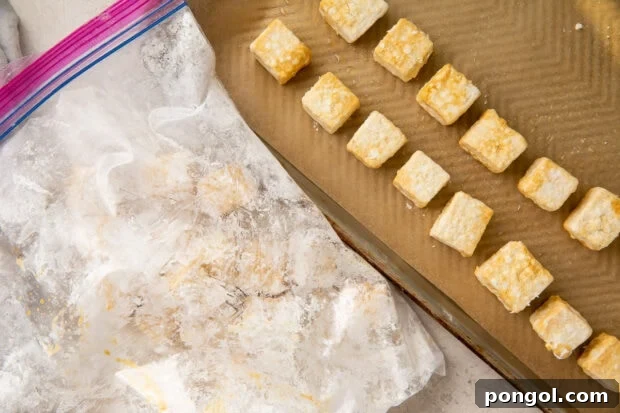 Coated tofu cubes in a zippered plastic bag next to a baking sheet lined with tofu cubes.