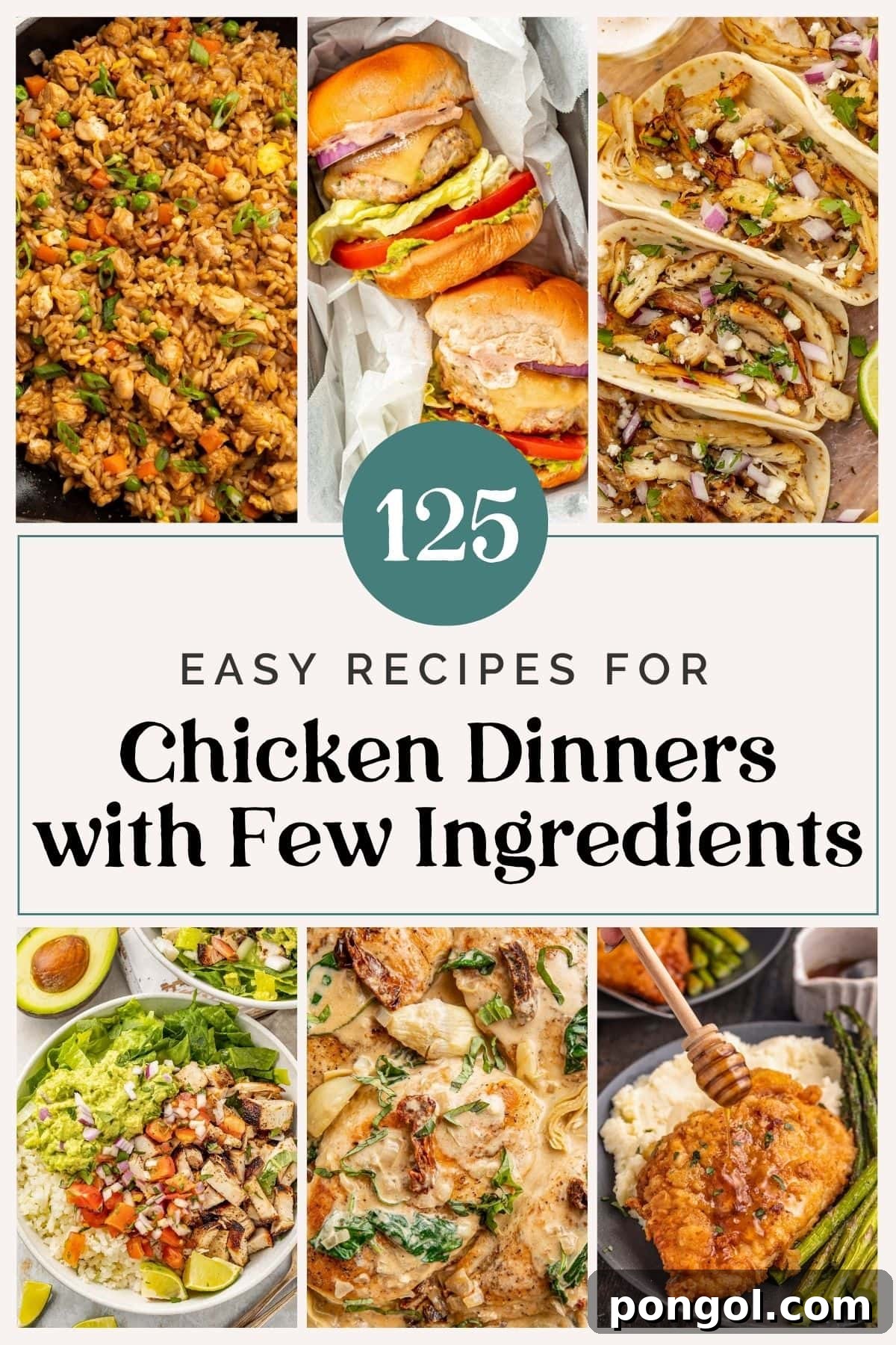 125 Simple Chicken Dinners: Fast Meals with Pantry Staples 2 Cover graphic for 125 easy chicken recipes for dinners with few ingredients.
