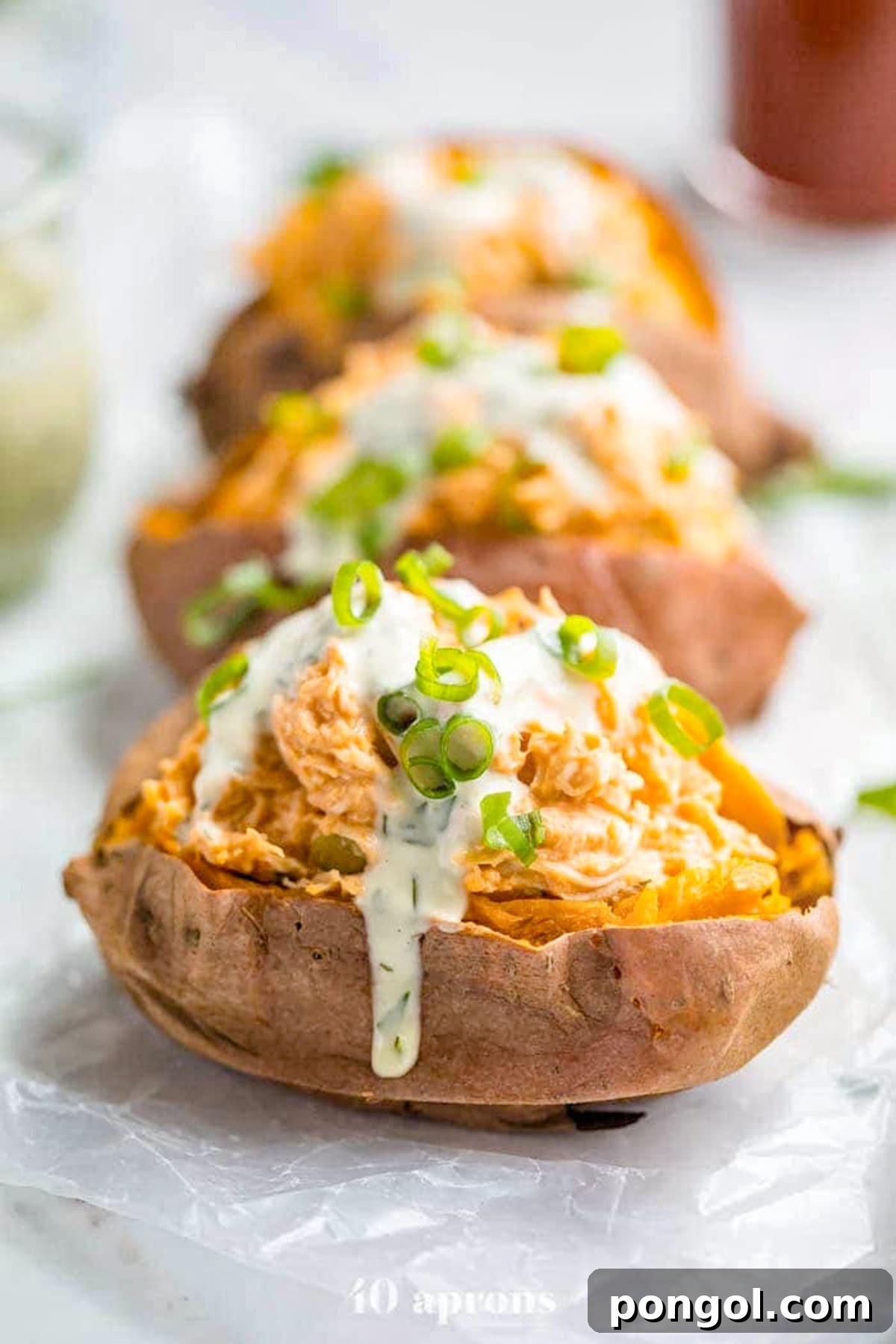 125 Simple Chicken Dinners: Fast Meals with Pantry Staples 106 Sweet potatoes stuffed with shredded buffalo chicken topped with a creamy dressing and fresh herbs.
