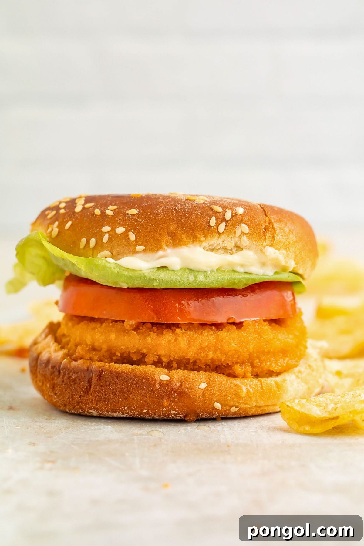 125 Simple Chicken Dinners: Fast Meals with Pantry Staples 107 Air fryer frozen chicken patty sandwiched between two bun halves with a thick slice of tomato and iceberg lettuce.