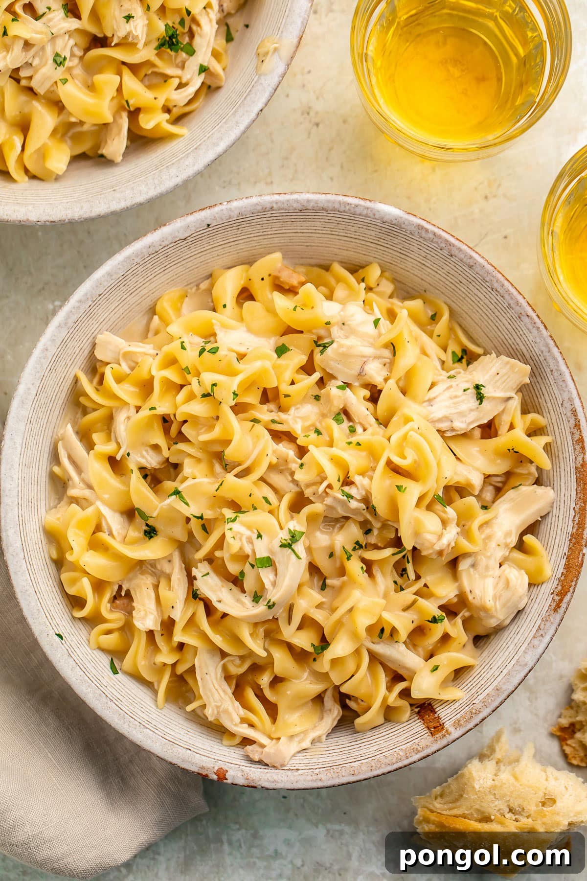 125 Simple Chicken Dinners: Fast Meals with Pantry Staples 108 A bowl of chicken and noodles cooked in the Instant Pot.