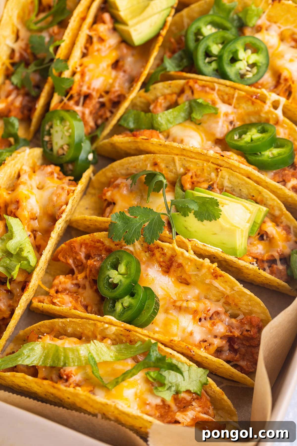 125 Simple Chicken Dinners: Fast Meals with Pantry Staples 109 Baked chicken tacos in crunchy taco shells, lined up in a baking pan.