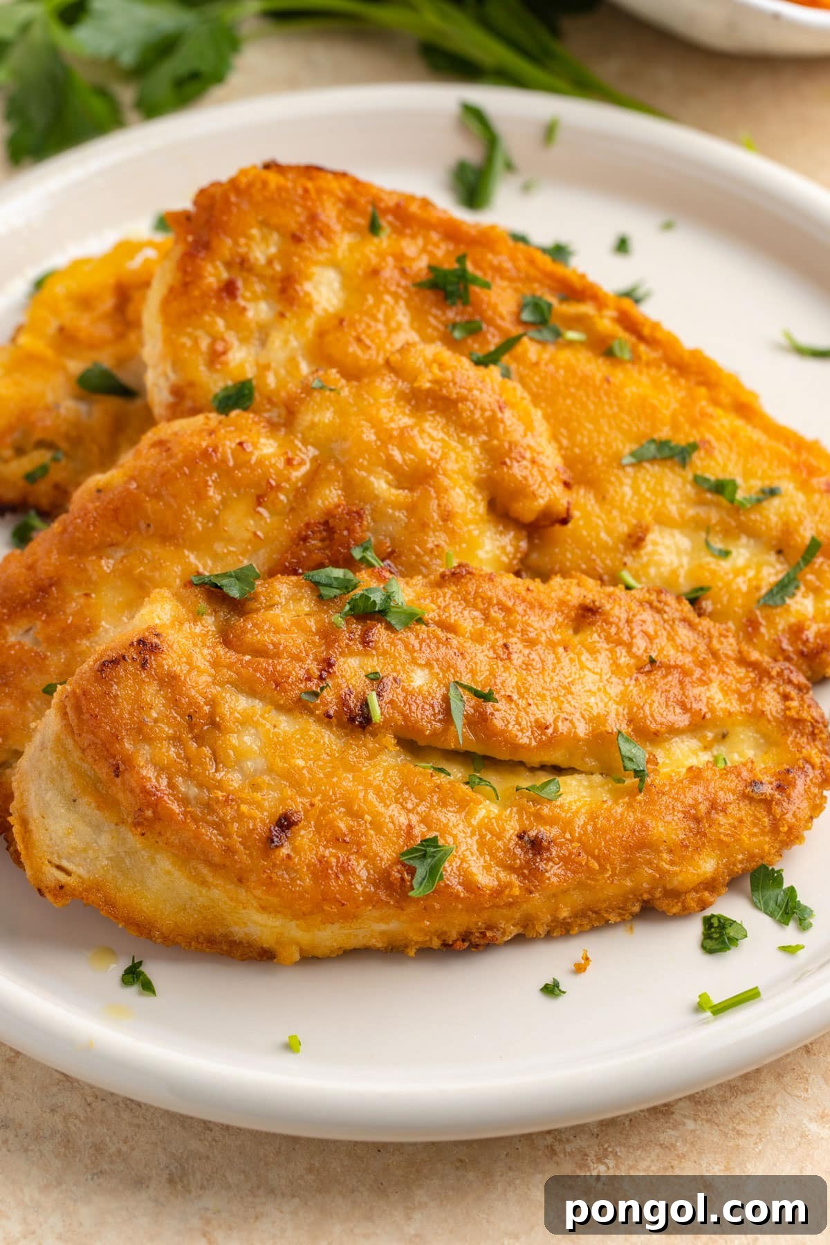125 Simple Chicken Dinners: Fast Meals with Pantry Staples 118 Three crusted chicken romano on a plate with a sprinkle of green fresh herbs.
