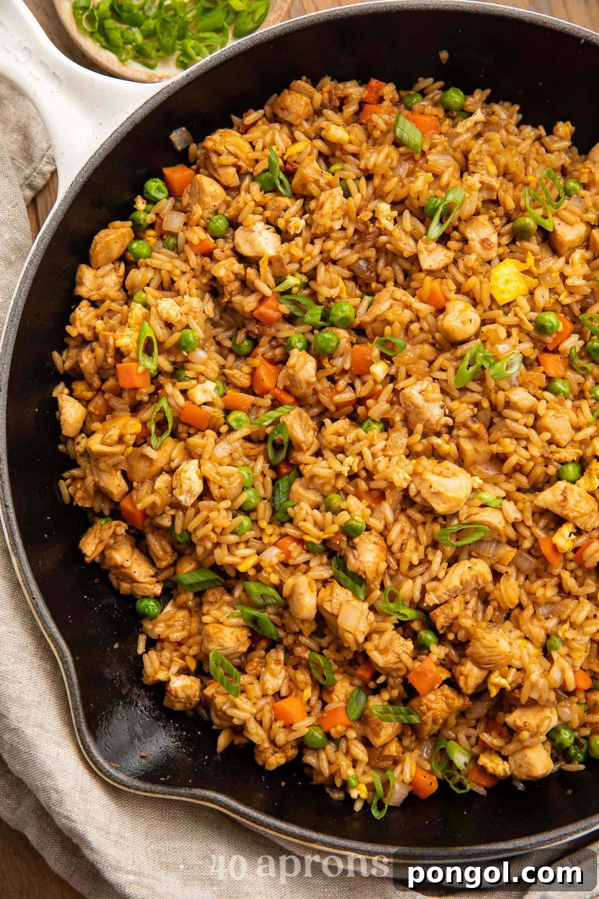 125 Simple Chicken Dinners: Fast Meals with Pantry Staples 13 Overhead photo of chicken fried rice with mixed veggies in a large black cast iron skillet.