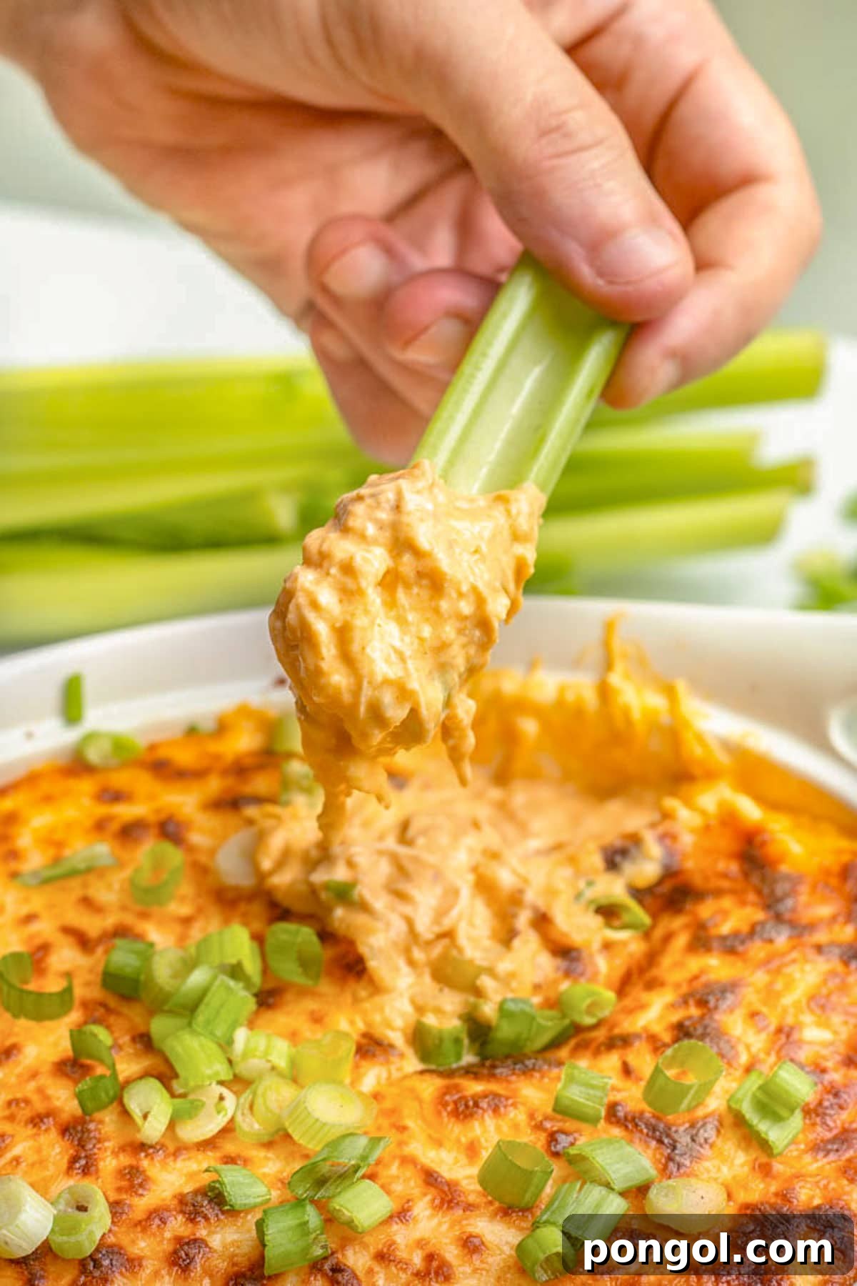 125 Simple Chicken Dinners: Fast Meals with Pantry Staples 18 A white woman's hand holding a celery stick used to scoop keto buffalo chicken dip out of a bowl.