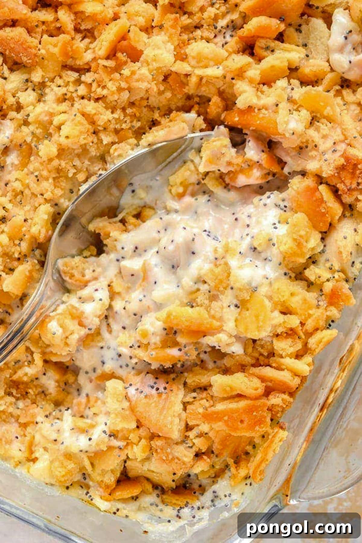 125 Simple Chicken Dinners: Fast Meals with Pantry Staples 24 Poppy seed chicken casserole topped with Ritz crackers in a large dish, with a large spoon breaking through the crackers to show the creamy casserole beneath.