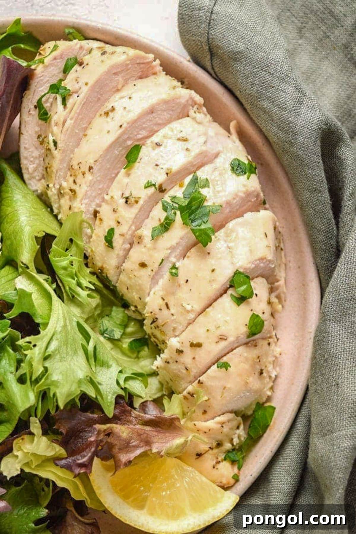 125 Simple Chicken Dinners: Fast Meals with Pantry Staples 26 An Italian dressing chicken breast, sliced into thick pieces, plated with a small green leaf salad.