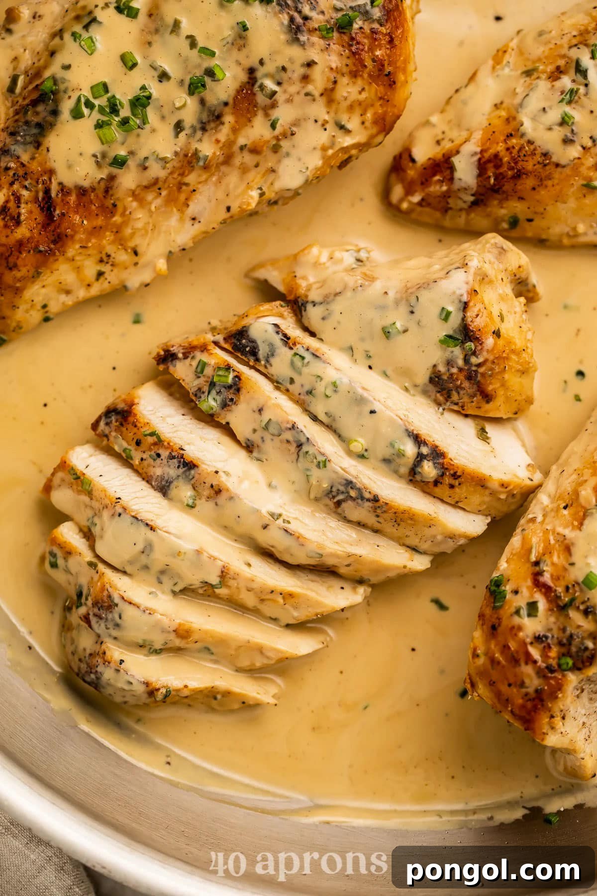 125 Simple Chicken Dinners: Fast Meals with Pantry Staples 41 Close-up of a sliced chicken breast sitting in and topped with a creamy Boursin cheese sauce.