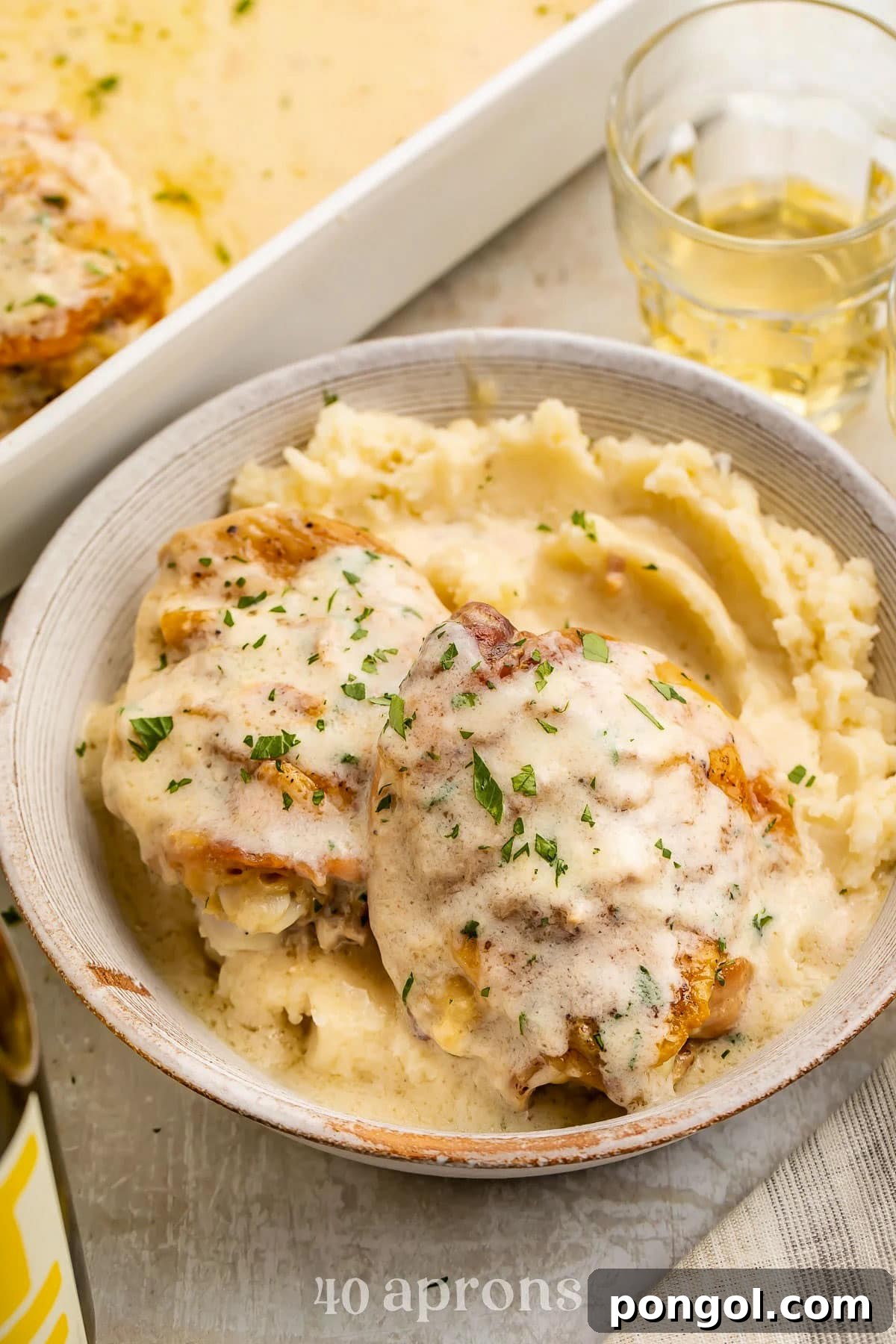 125 Simple Chicken Dinners: Fast Meals with Pantry Staples 42 A bowl holding a bed of whipped mashed potatoes topped with chicken and a creamy chicken soup sauce.