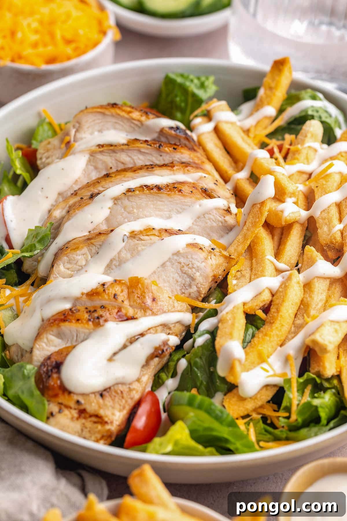 125 Simple Chicken Dinners: Fast Meals with Pantry Staples 58 A Pittsburgh chicken salad with crisp french fries, drizzled with salad dressing, in a large bowl.