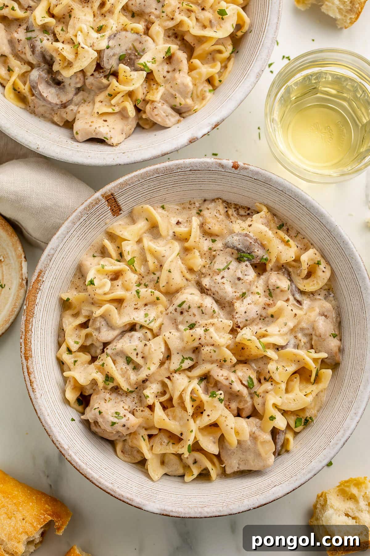 125 Simple Chicken Dinners: Fast Meals with Pantry Staples 69 Two bowls of chicken stroganoff with tender, thick noodles and a creamy gravy.