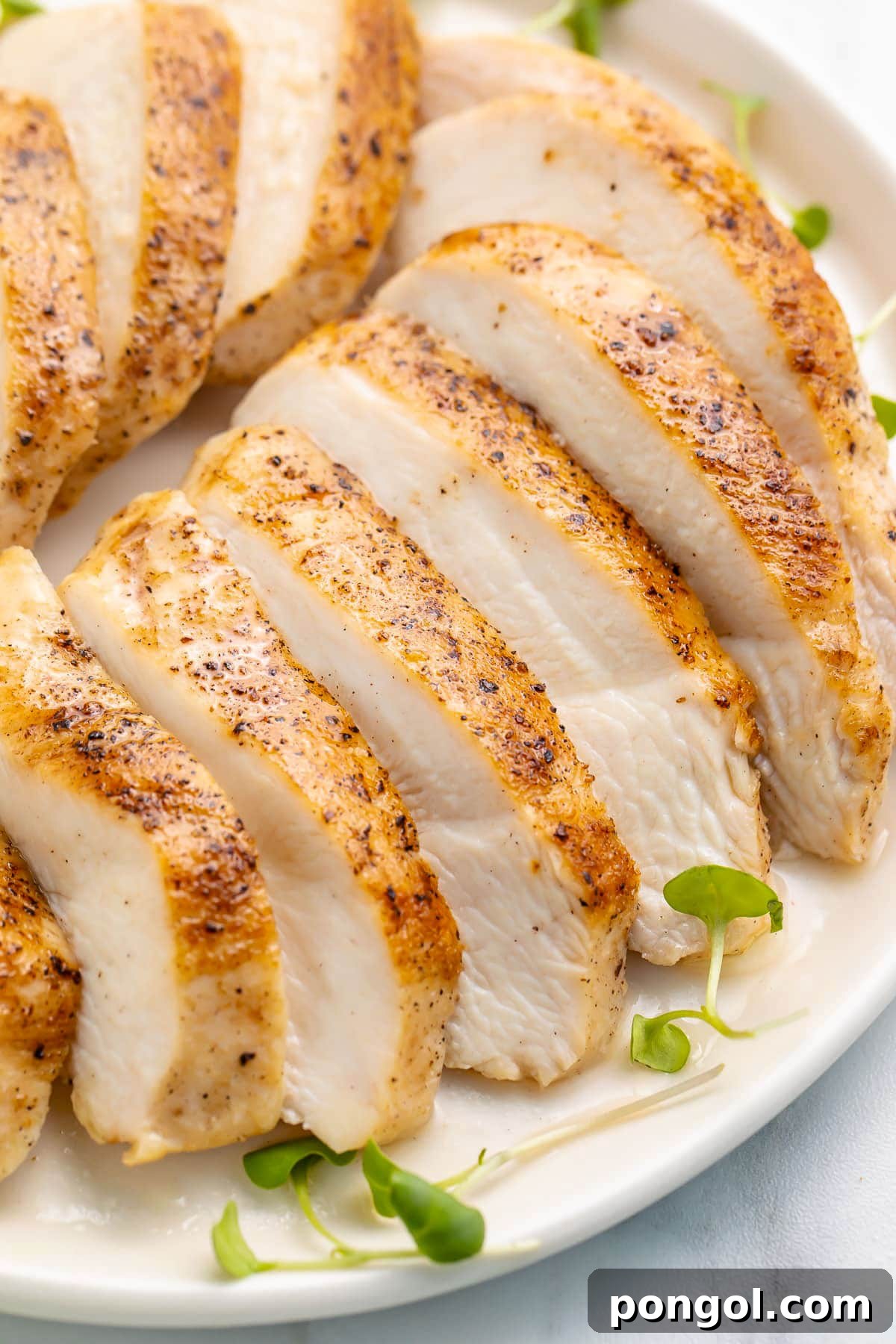 125 Simple Chicken Dinners: Fast Meals with Pantry Staples 8 Chicken breasts, cooked until tender in a sous vide water bath, then sliced and plated on a white plate.