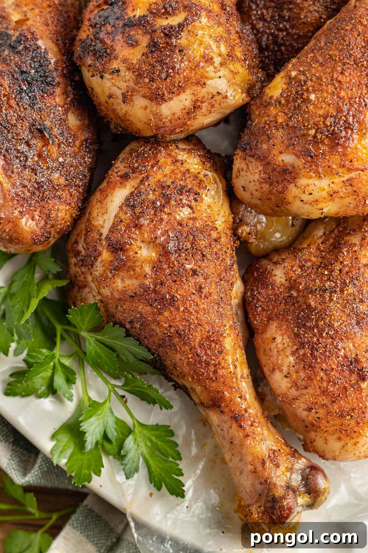 125 Simple Chicken Dinners: Fast Meals with Pantry Staples 71 Smoked, dry rubbed chicken legs on a platter garnished with fresh greens.