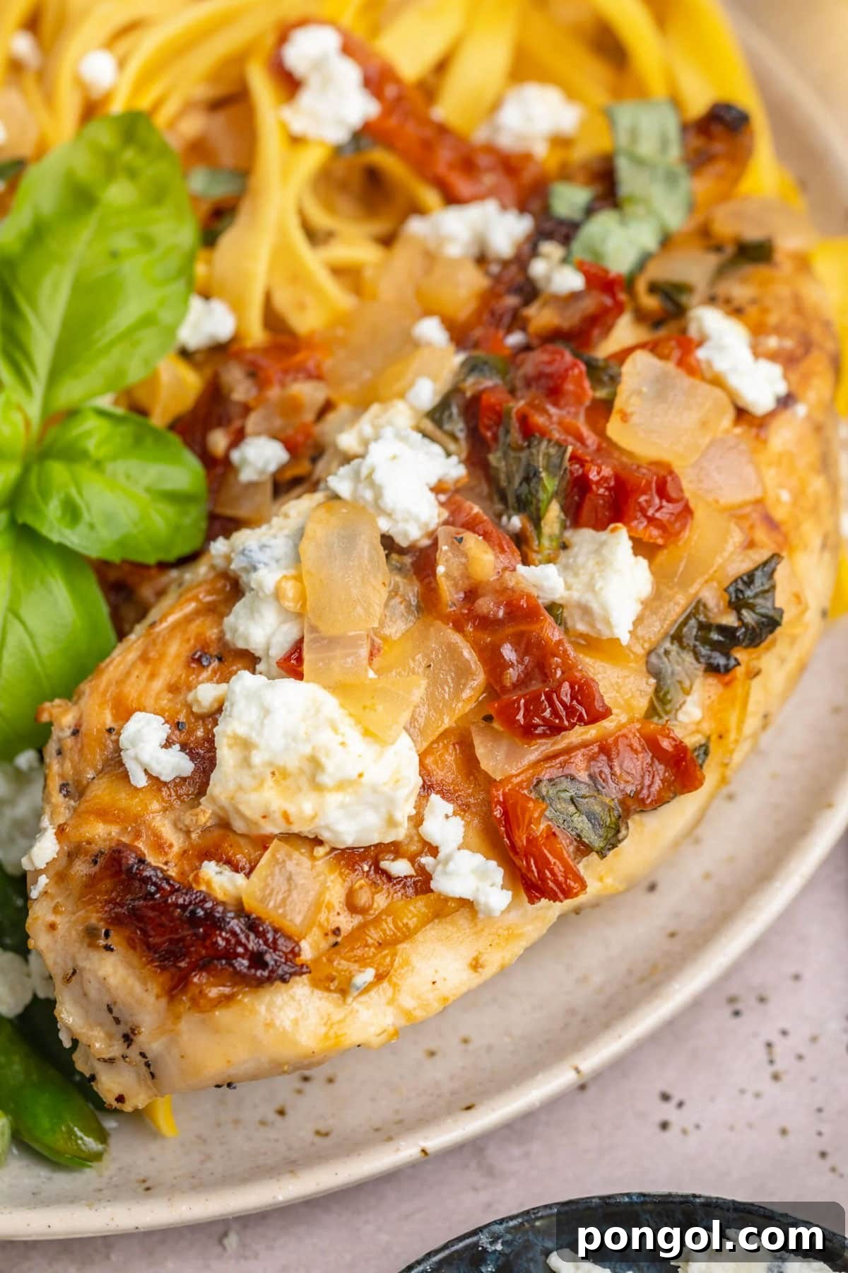 125 Simple Chicken Dinners: Fast Meals with Pantry Staples 74 Tender chicken bryan topped with crumbled cheese and red peppers.