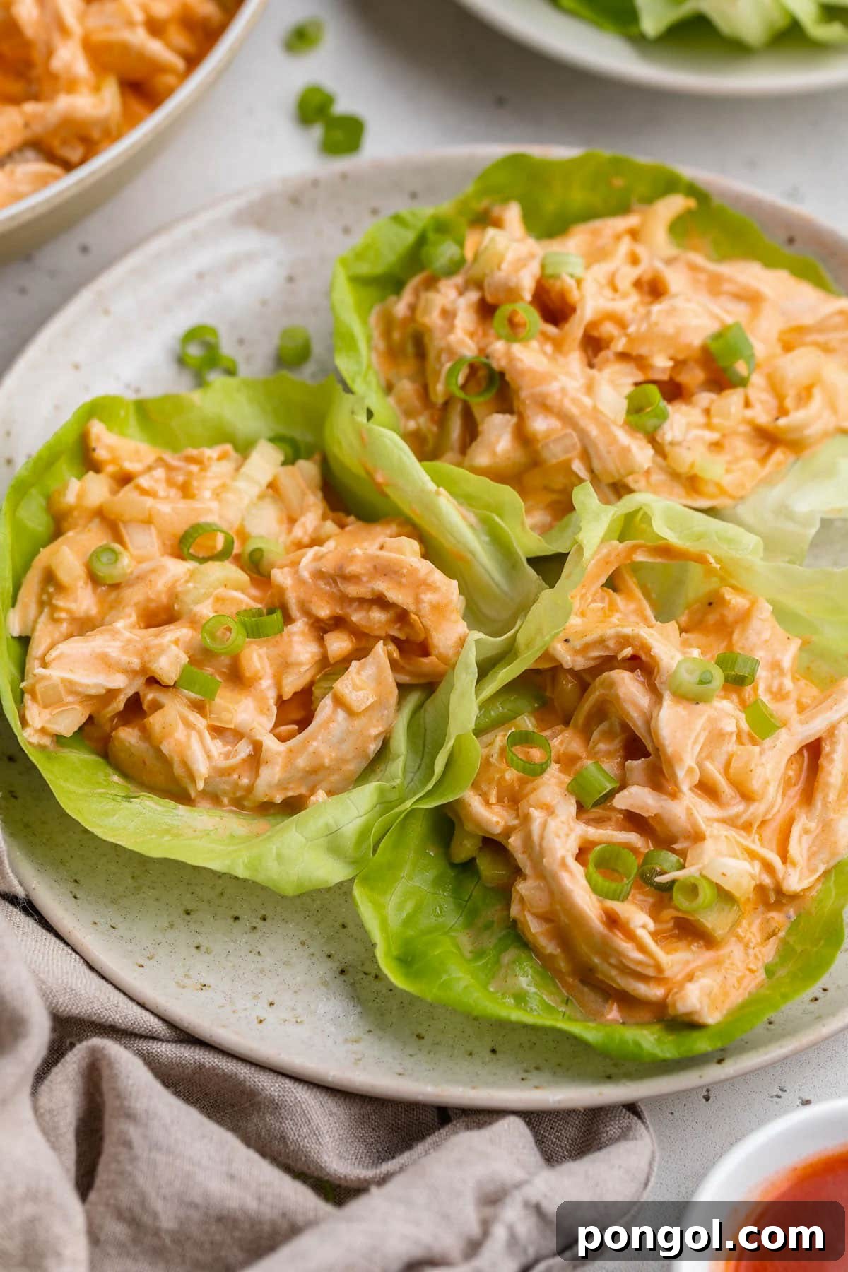125 Simple Chicken Dinners: Fast Meals with Pantry Staples 75 Whole30 buffalo chicken salad scooped into 3 lettuce cups and plated on a round plate.