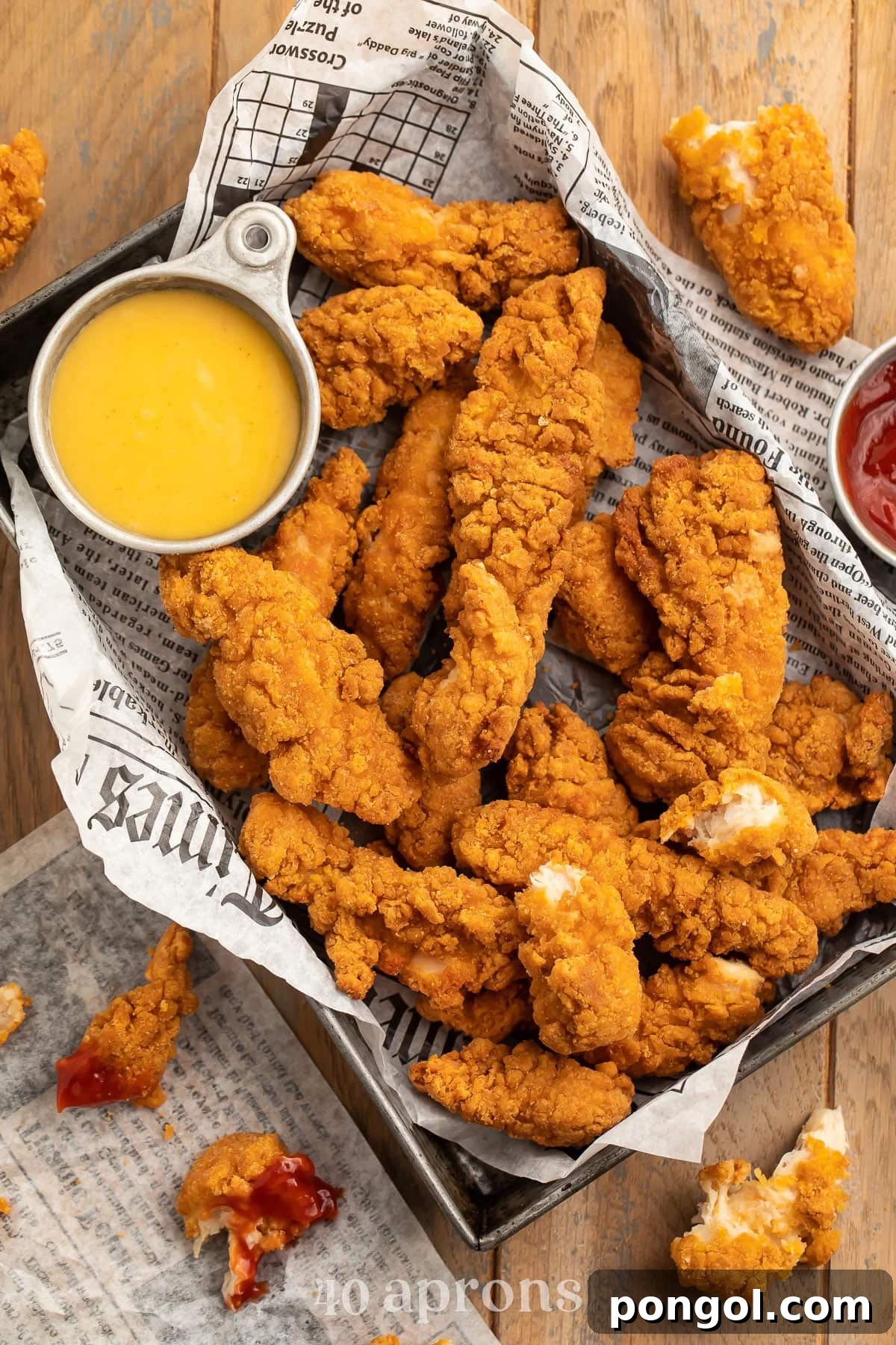 125 Simple Chicken Dinners: Fast Meals with Pantry Staples 80 A pan lined with newsprint holding air fryer cooked chicken tenders and a small ramekin of honey mustard sauce.