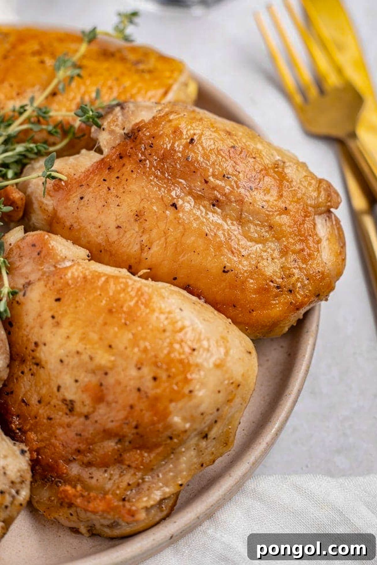 125 Simple Chicken Dinners: Fast Meals with Pantry Staples 9 Crispy chicken thighs, cooked in a sous vide water bath, then plated on a light brown plate next to gold silverware.