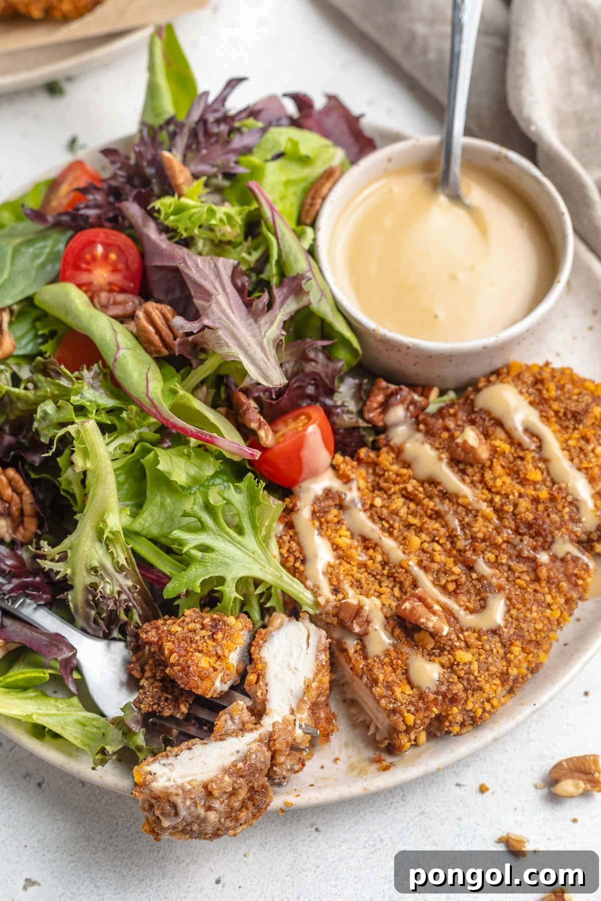 125 Simple Chicken Dinners: Fast Meals with Pantry Staples 87 A crispy, pecan-crusted chicken breast cooked in the air fryer then plated with a small salad and a ramekin of honey mustard.
