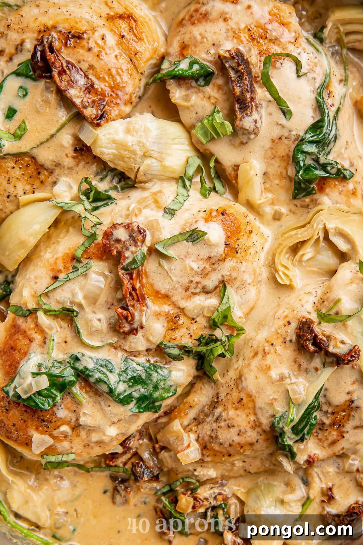 125 Simple Chicken Dinners: Fast Meals with Pantry Staples 90 Close-up of Whole30 creamy tuscan chicken in a skillet with spinach.